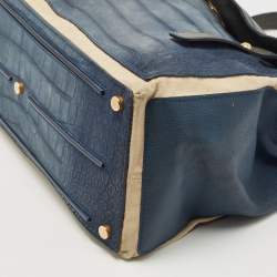 Pre Owned Yves Saint Laurent Navy Blue/Green Croc Embossed Suede and Leather Muse Two Top Handle Bag