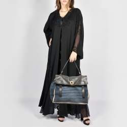 Pre Owned Yves Saint Laurent Navy Blue/Green Croc Embossed Suede and Leather Muse Two Top Handle Bag