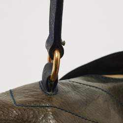 Pre Owned Yves Saint Laurent Navy Blue/Green Croc Embossed Suede and Leather Muse Two Top Handle Bag