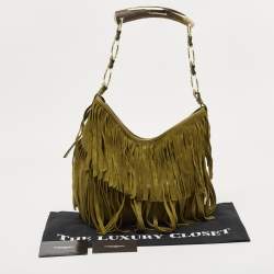 Pre Owned Yves Saint Laurent Olive Green Suede Fringe Mombasa Hobo