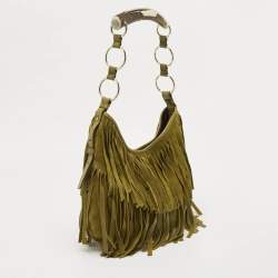Pre Owned Yves Saint Laurent Olive Green Suede Fringe Mombasa Hobo