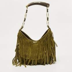 Pre Owned Yves Saint Laurent Olive Green Suede Fringe Mombasa Hobo