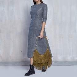 Pre Owned Yves Saint Laurent Olive Green Suede Fringe Mombasa Hobo