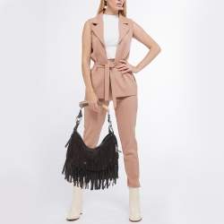 Pre Owned Yves Saint Laurent Dark Brown Leather and Suede Mombasa Fringe Hobo