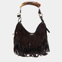 Pre Owned Yves Saint Laurent Dark Brown Leather and Suede Mombasa Fringe Hobo