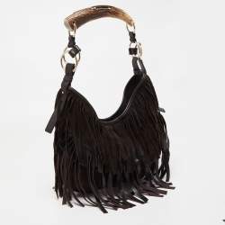Pre Owned Yves Saint Laurent Dark Brown Leather and Suede Mombasa Fringe Hobo