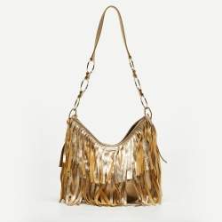 Pre Owned Yves Saint Laurent Gold Leather Fringe Hobo