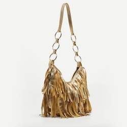 Pre Owned Yves Saint Laurent Gold Leather Fringe Hobo