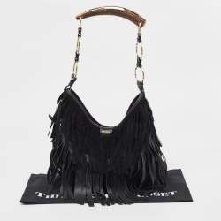 Pre Owned Yves Saint Laurent Black Leather and Suede Mombasa Fringe Hobo