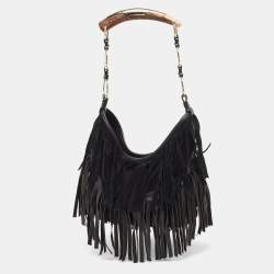 Pre Owned Yves Saint Laurent Black Leather and Suede Mombasa Fringe Hobo