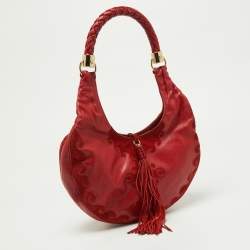 Pre Owned Yves Saint Laurent Red Suede and Leather Trim Tassel Hobo