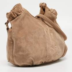 Pre Owned Yves Saint Laurent Beige Suede Logo Studded Hobo