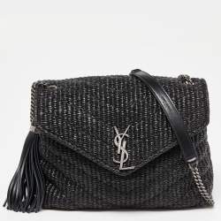 Pre Owned Saint Laurent Black Matelassé Raffia and Leather Loulou Crossbody Bag