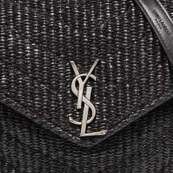 Pre Owned Saint Laurent Black Matelassé Raffia and Leather Loulou Crossbody Bag