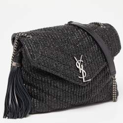 Pre Owned Saint Laurent Black Matelassé Raffia and Leather Loulou Crossbody Bag