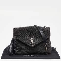 Pre Owned Saint Laurent Black Matelassé Raffia and Leather Loulou Crossbody Bag