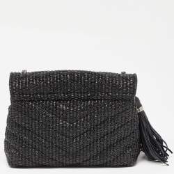 Pre Owned Saint Laurent Black Matelassé Raffia and Leather Loulou Crossbody Bag