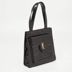Pre Owned Yves Saint Laurent Black Shine Croc Embossed Leather Tote
