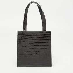 Pre Owned Yves Saint Laurent Black Shine Croc Embossed Leather Tote