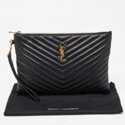 Pre Owned Saint Laurent Black Matelassé Leather Monogram Wristlet Pouch