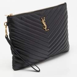 Pre Owned Saint Laurent Black Matelassé Leather Monogram Wristlet Pouch