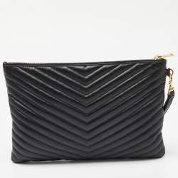 Pre Owned Saint Laurent Black Matelassé Leather Monogram Wristlet Pouch