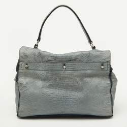 Yves Saint Laurent Blue Croc Embossed Leather and Suede Large Muse Two Top Handle Bag