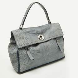 Yves Saint Laurent Blue Croc Embossed Leather and Suede Large Muse Two Top Handle Bag