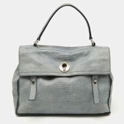 Yves Saint Laurent Blue Croc Embossed Leather and Suede Large Muse Two Top Handle Bag