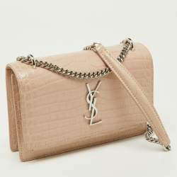 Pre Owned Saint Laurent Pink Croc Embossed Leather Sunset Wallet On Chain