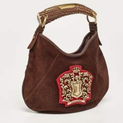 Pre Owned Yves Saint Laurent Dark Brown Suede Mombasa Crest Hobo