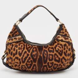 Pre Owned Yves Saint Laurent Black/Brown Leopard Print Calf Hair Hobo