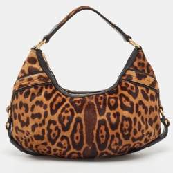 Pre Owned Yves Saint Laurent Black/Brown Leopard Print Calf Hair Hobo