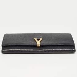 Pre Owned Yves Saint Laurent Black Leather Y Line Flap Continental Wallet