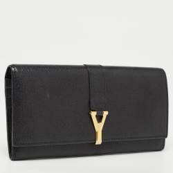 Pre Owned Yves Saint Laurent Black Leather Y Line Flap Continental Wallet