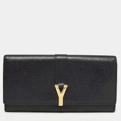 Pre Owned Yves Saint Laurent Black Leather Y Line Flap Continental Wallet