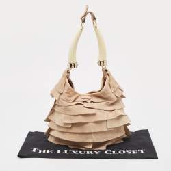Pre Owned Yves Saint Laurent Light Beige Suede Small St. Tropez Double Horn Hobo