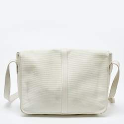 Yves Saint Laurent White Woven Embossed Leather Buckle Flap Messenger Bag