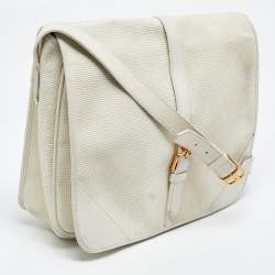 Yves Saint Laurent White Woven Embossed Leather Buckle Flap Messenger Bag