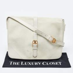 Yves Saint Laurent White Woven Embossed Leather Buckle Flap Messenger Bag