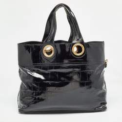 Pre Owned Yves Saint Laurent Black Croc Embossed Patent Leather Sac Palma Tote