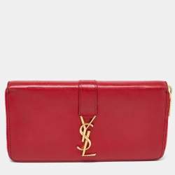 Pre Owned Saint Laurent Red Leather Monogram Zip Around Wallet