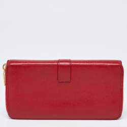 Pre Owned Saint Laurent Red Leather Monogram Zip Around Wallet