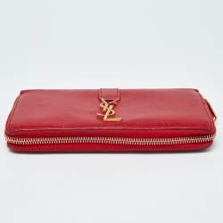 Pre Owned Saint Laurent Red Leather Monogram Zip Around Wallet