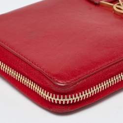 Pre Owned Saint Laurent Red Leather Monogram Zip Around Wallet
