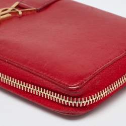 Pre Owned Saint Laurent Red Leather Monogram Zip Around Wallet