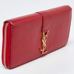 Pre Owned Saint Laurent Red Leather Monogram Zip Around Wallet