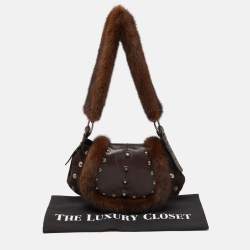 Pre Owned Yves Saint Laurent Dark Brown Suede, Leather and Mink Fur Studded Flap Hobo