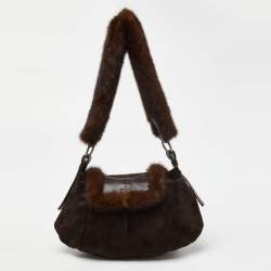 Pre Owned Yves Saint Laurent Dark Brown Suede, Leather and Mink Fur Studded Flap Hobo