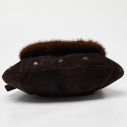 Pre Owned Yves Saint Laurent Dark Brown Suede, Leather and Mink Fur Studded Flap Hobo